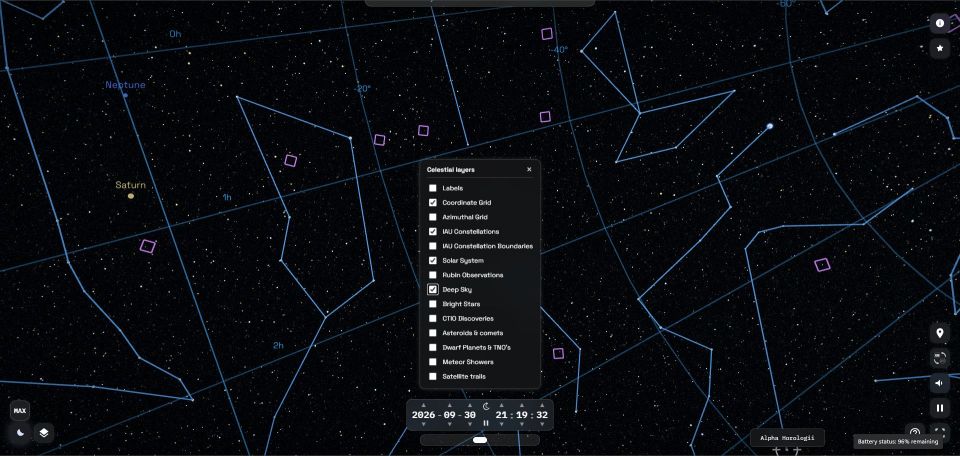 Planetario nocturno de CTIO con el menú de capas celestes y controles de fecha y hora